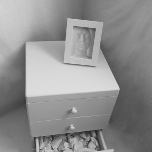 black and white framed photo, wood, plaster, 50×70×70cm